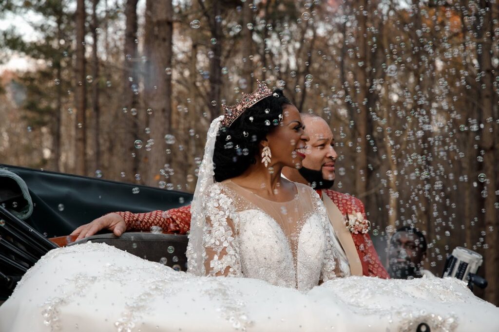 Elegant wedding party arriving in style with luxury transportation in Atlanta





