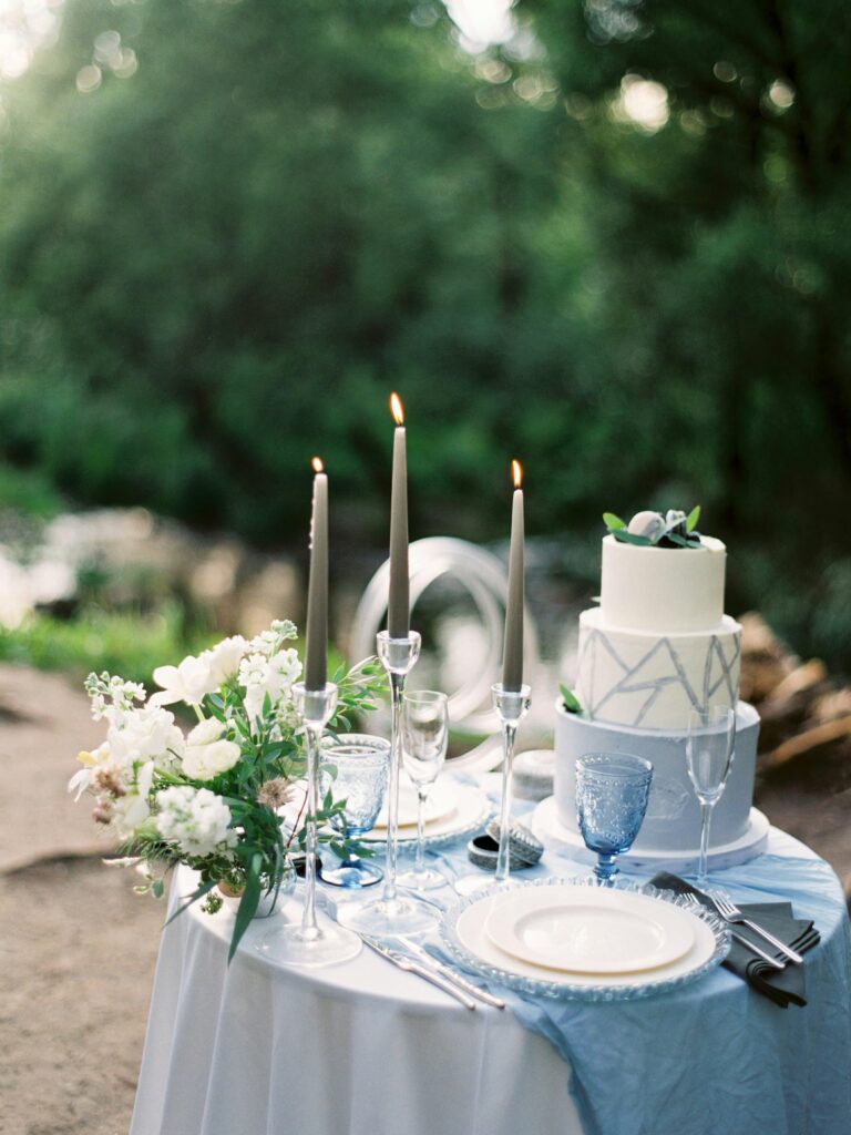 Bride and groom at a beautifully designed wedding venue in California, showcasing a cohesive color scheme.